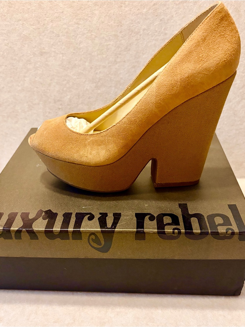 luxury rebel Tan Suede Platform Peep-Toe Block Heel